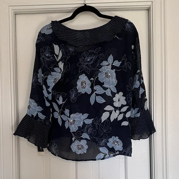 Chapter One Navy Floral Ruffle-Trim Sheer Blouse - Picture 4 of 9